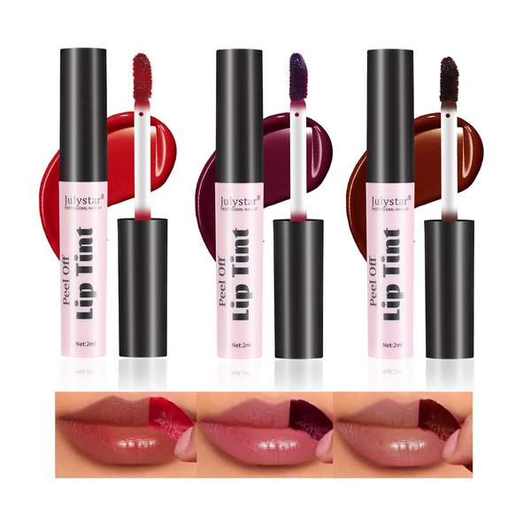 Peel Off Matte Lip Tint 3 Colors Long Lasting Lip Stain Peel Off Matte Tattoo Color Lip Gloss Waterproof Liquid Lipstick Non-Stick Cup Tinted Lip Stain (F, 3Pcs)