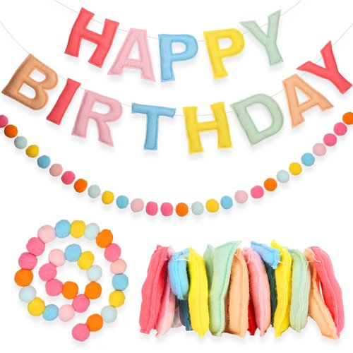 2Pcs 118 Inch Pre-Strung Happy Birthday Banner - Felt Ball Garland -Pastel Happy Birthday Garland Birthday Party Decorations Party Garland for Wall Décor