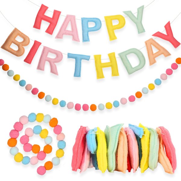 2Pcs 118 Inch Pre-Strung Happy Birthday Banner - Felt Ball Garland -Pastel Happy Birthday Garland Birthday Party Decorations Party Garland for Wall Décor
