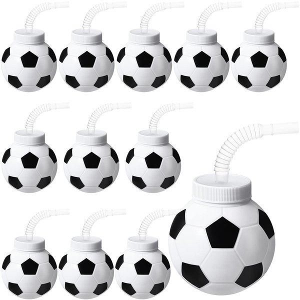12 Set Soccer Ball Cups with Straws and Lids, 10 oz Plastic Reusable Soccer Cups Bulk for Kids Birthday Theme Party Supplies