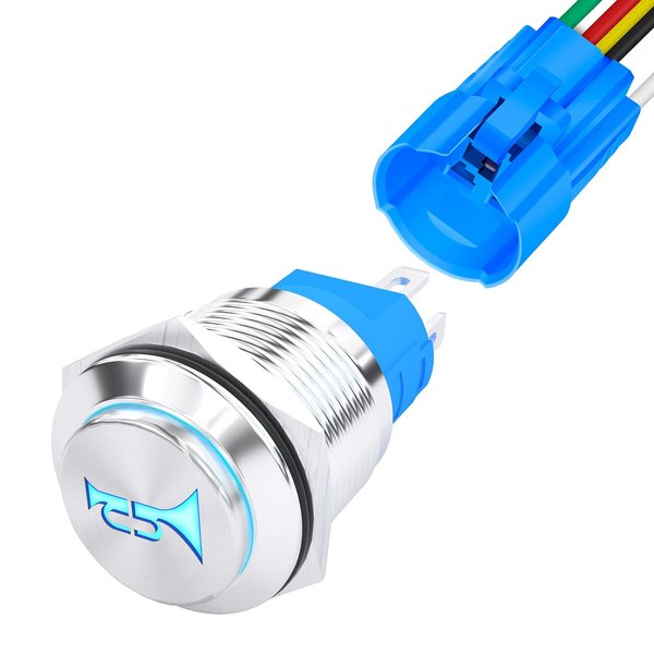 DaierTek Horn Button Switch 12 Volt Momentary Push Button Switch 12V Air Horn Button Switch Speaker LED Stainless Steel 16mm Metal Switch for Automotive Car Marine Boat Train