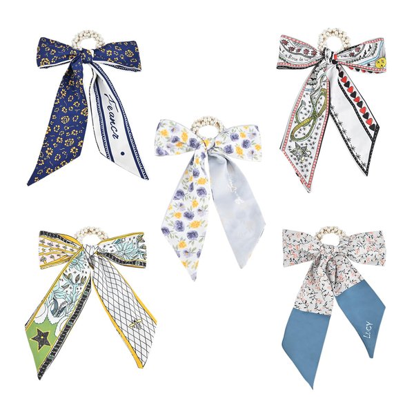 Yonchic 5Pcs Satin Silk Scrunchies, Bow Hair Tie Cute Ribbon for Hair for Girls Women, Bowknot Hair ties Hair Scarf with Bows Ponytail Holders (Blue)