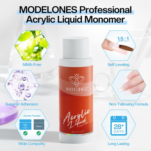 Modelones 8 oz Monomer - Professional Monomer Acrylic Nail Liquid - 240ml Acrylic Monomer Liquid for Acrylic Powder, Acrylic Nails Extension - MMA Free, Non-Yellowing