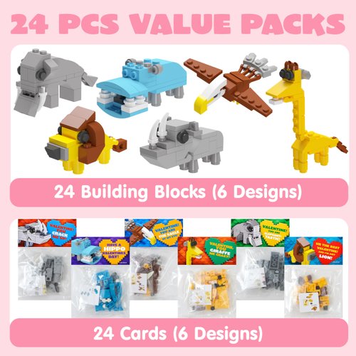 JOYIN 24 Packs Valentines Day Cards with Safari Animal Building Blocks for Valentine Party Favor, Classroom Exchange Prize, Valentine’s Greeting Cards
