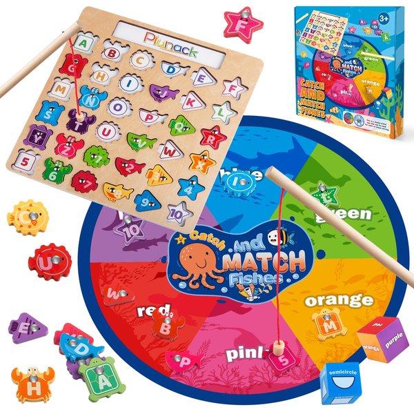 Magnetic Wooden Fishing Game, Plunack Alphabet Fishing Toy for Toddler Boys Girls 3-5 Years Old, ABC Letter Puzzle Montessori Sorting Toy, Fine Motor Skills Toy Birthday Gift for 3 4 5+ Year Old Kids