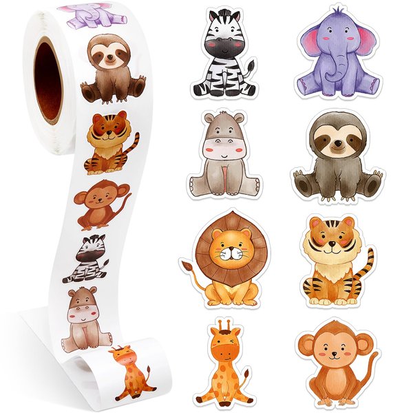 Qeeenar 1 Roll Animal Stickers Teacher Reward Stickers Cute Animal Space Stickers School Supplies Incentives Roll Sticker Animal Party Favor Stickers, 500 Pcs Each Roll (Jungle Animal)