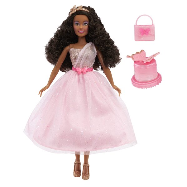 MGA Entertainment Dream Ella Let's Celebrate Doll - Yasmin, Pink & Gold Glitter Butterfly Confetti Unboxing 11.5" Black Hair Party Fashion Doll + 5 Accessories for Birthday, Graduation, Special Day