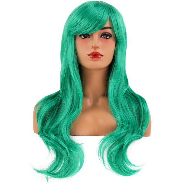 BERON Green Wigs Long Curly Wavy Women Wigs with Bangs Colored Wave Heat Resistant Synthetic Wigs for Cosplay Daily Wigs Wig Cap Included