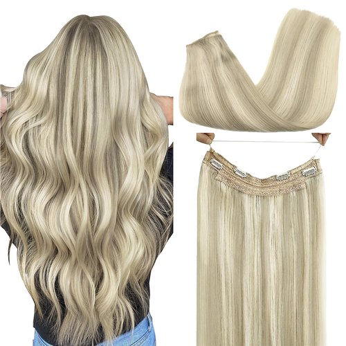 GOO GOO Wire Hair Extensions Human Hair, 17A/60A Ash Blonde mix Platinum Blonde Highlighted 14inch 75g, Invisible Wire Hair Extensions with Transparent, Seamless Fish Line Hairpiece
