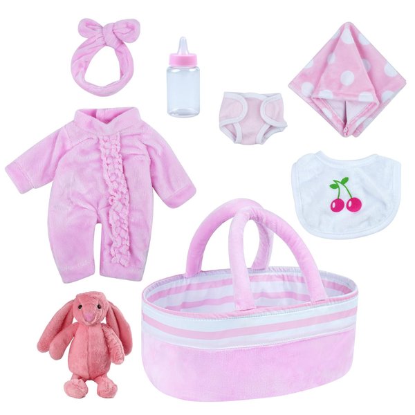 BABESIDE 8 Pcs Baby Doll Clothes with Bassinet for 10-12 inch Baby Doll,Baby Doll Clothes Outfit Accessories fit Newborn Baby Doll Girl