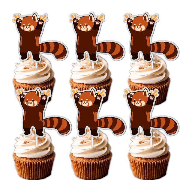 18pcs Red Glitter Cute Panda Dessert Cupcake Topper Anime Animal Theme Decor Supplies Baby Shower Boys Girls Happy Birthday Party Decorations