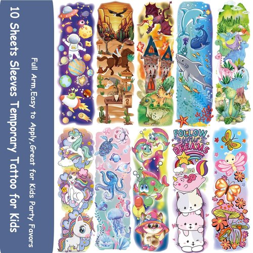 CHARLENT Kids Full Half Sleeves Temporary Tattoos - 27 Sheets Mixed Full Half Arm Tattoos Stickers for Boys Girls Birthday Party Favors Goodie Bag Fillers