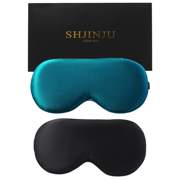 2-Pack 100% Real Natural Silk Eye Mask, Silk Sleeping Mask, Shade Puffy Eye Gift with Adjustable Straps, Sleep Eye Mask, SHJINJU Eye Mask Shade (Black and Lake Blue)