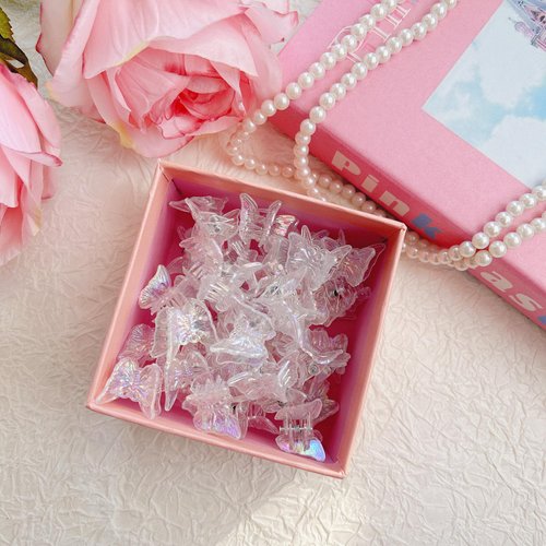 Clear White Butterfly Hair Clips, EleMirsa 30PCS Butterfly Mini Hair Claw Clips for Girls Women Tiny Side Bangs Clips Braided Barrettes with Gift Box Package