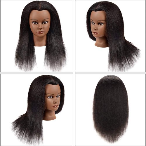 100% Real Hair Mannequin Head Manikin Cosmetology Doll Head for Hairdresser Practice Braiding Hair Styling with Clamp stand (14Inch,Black)