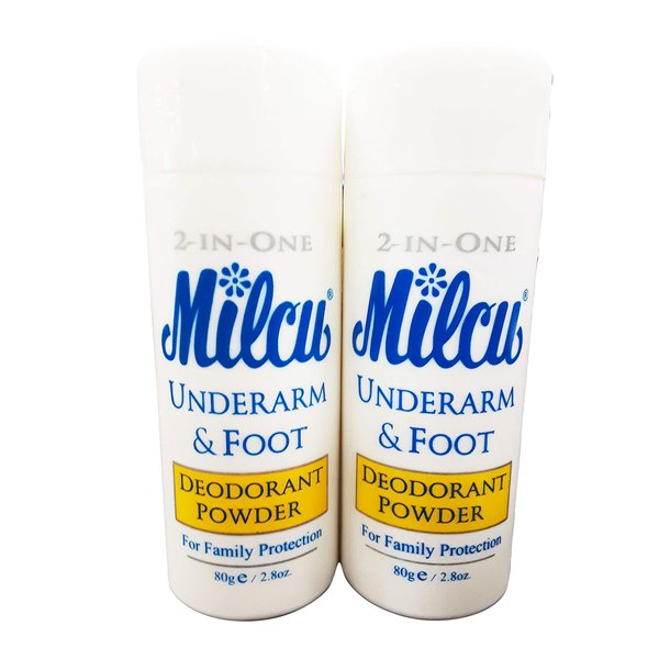 Milcu Underarm & Foot Deodorant Powder 80g per Bottle, 2 Pack