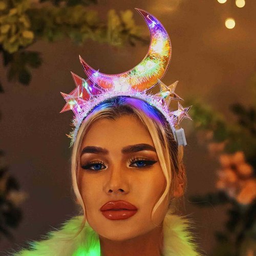 JEWEKY Light Up Headband Star Moon Hair Band Flashing Headpiece Led Rave Costume Party Hair Accessories Women and Girls (see through)