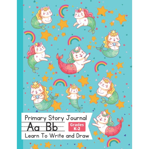 Primary Journal Grades K-2 with Picture Space and Dotted Midline | Draw a Picture & Write a Story | Grades K-2 School Exercise Book: Cute Purrmaids & Rainbows Notebook