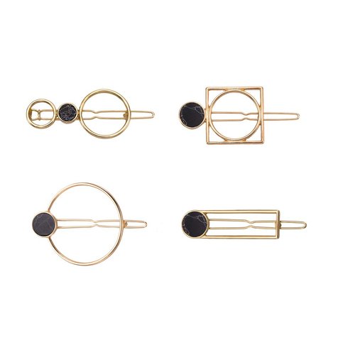 Numblartd 4Pcs Crack Natural Stone Geometric Rectangle Round Alloy Hair Pins Clip - Women Lady Hollow Smooth All-Match Hairpin Side Clamp Ponytail Clip Hair Accessories (Black)