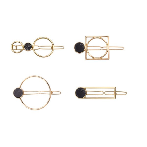 Numblartd 4Pcs Crack Natural Stone Geometric Rectangle Round Alloy Hair Pins Clip - Women Lady Hollow Smooth All-Match Hairpin Side Clamp Ponytail Clip Hair Accessories (Black)
