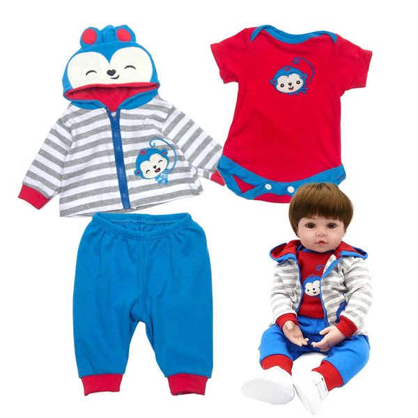 Reborn Baby Doll Clothes Blue Monkey Outfit Set for 17- 18 inch Reborn Doll Boy Matching Clothes Accessories 3pcs