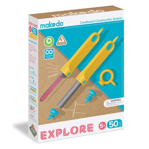 Makedo Explore | Upcycled Cardboard Construction Toolkit in Small Toolbox (50 Pieces) | STEM + STEAM Educational Toys for at Home Play + Classroom Learning | Reusable Tools for Boys and Girls Age 5+