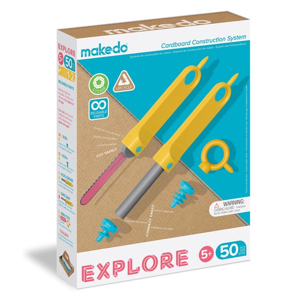 Makedo Explore | Upcycled Cardboard Construction Toolkit in Small Toolbox (50 Pieces) | STEM + STEAM Educational Toys for at Home Play + Classroom Learning | Reusable Tools for Boys and Girls Age 5+