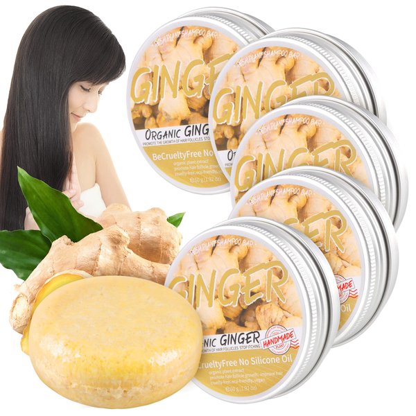 Zoreni Ginger Hair Regrowth Shampoo Bar, Anti Hair Loss Ginger Shampoo Soap, Natural Organic Ginger Shampoo Bar Promotes Hair Growth, Anti-dandruff and Anti-itching Ginger Bar Soap 2 Fl Oz (Pack of 5)