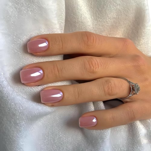 Short Press on Nails Chrome Pink Square Fake Nails, Chrome Powder Glazed Acrylic Nails, Shiny Glossy Gel False Nails Kits Salon Quality Stick Glue on Nails Tip 24 Pcs