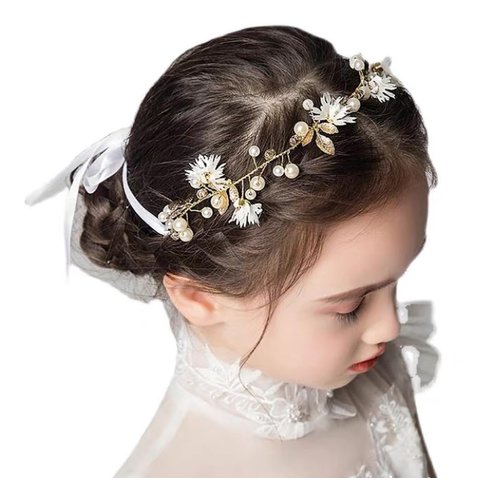 YoralCrea Flower Girl Headpiece Princess Crystal Wedding Headband Baby Girls Flower Crown Pearl Hair Accessories for Birthday Party (gold 2)