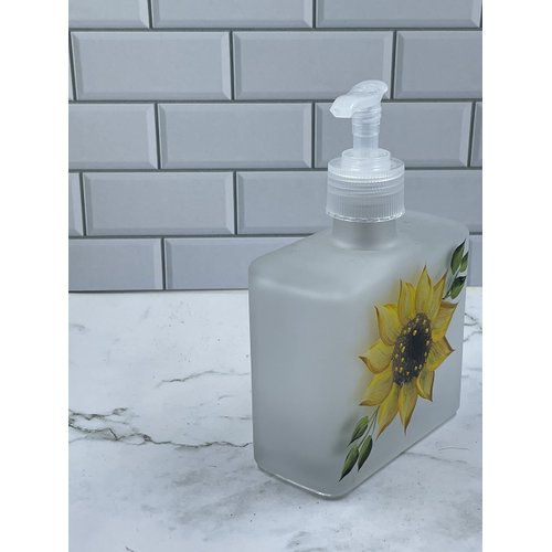Frosted soap dispenser with Hand Painted Sunflower