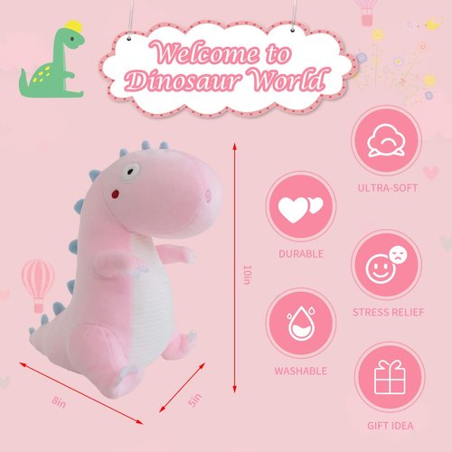 Furvana Cute Dinosaur Stuffed Animal Plush Toy, Adorable Soft Dino Plush Toys, Dinosaur Toy Plushies and Birthday Gifts for Kids Girls Boys (Pink, 10 Inch)