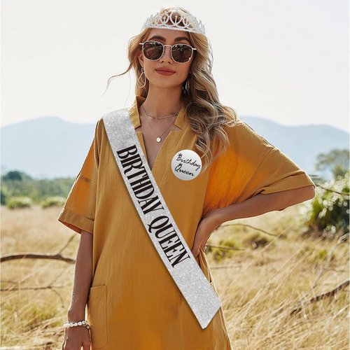 Birthday Decorations for Women Including Birthday Sash & Pin, Crown, Birthday Cake Topper, Birthday Pin Button. Queen Sash and Birthday Tiara for women and Grils MS4U (Silver)