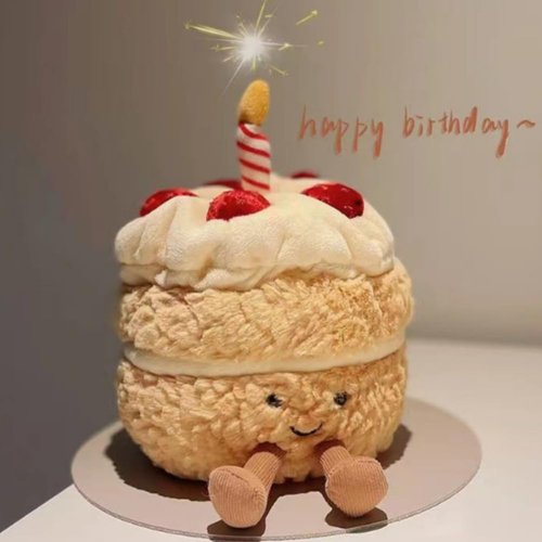 OUKEYI 28cm/11 Birthday Cake Plush Toy ，Cute Smile Cake Pillow Stuffed Animals Funny Soft Food Plushies Toy for Gifts for Kids Birthday (Khaki Color)
