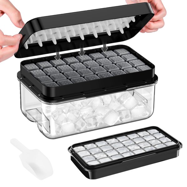 Ice Cube Tray with Lid and Bin, 32 pcs Ice Trays, Easy to Release Ice Trays for Freezer, Ice Cube Tray Mold, with 1 tray, Ice Freezer Container for Whiskey, Cocktail, Black