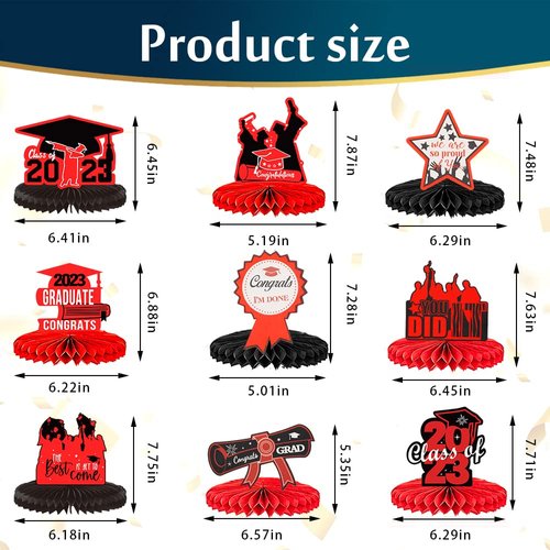 Hying 9PCS Graduation Honeycomb Centerpieces 2024 for Tables Home Party, Red Black Congratulation Graduation Party Decorations for Class of 2024 Table Toppers Centerpieces Party Favor Supplies