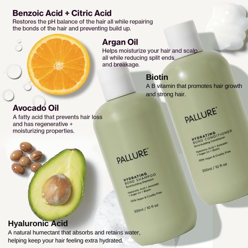 Pallure Hydrating Bond Duo Shampoo & Conditioner To Support Thicker, Voluminous, Fuller Looking Hair, Infused with Hyaluronic Acid, Biotin, Avocado and Rosemary Oil, 300 ml