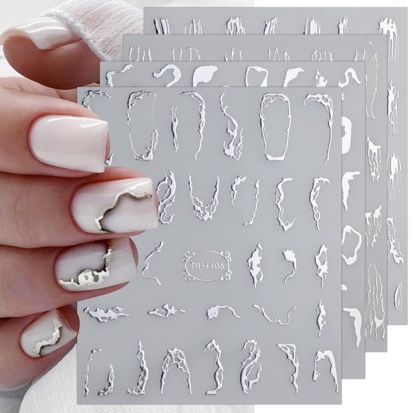 Silver Marble Line Nail Stickers, 16 Sheets Self-Adhesive Nail Decal Nail Art Decoration Design Supplies