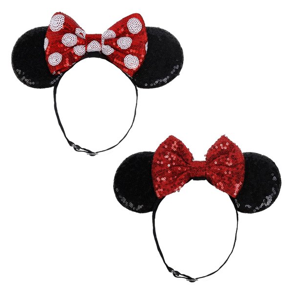 WOVOWOVO 2PCS Mouse Ears Headbands for Women Shiny Sequin Bow Headband Elastic Adjustable Mouse Ear for Girls Christmas Cosplay Costume Princess Party