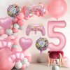 Pink Video Game Balloons, Video Game Controller Birthday Number Mylar Foil Balloon, Level Up Balloons for Girls Game On Birthday Decorations Video Game Gaming Theme Party Supplies (5th)