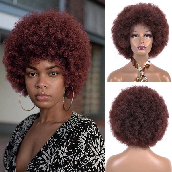 Sheila Beauty Afro Wigs for Black Women Short Curly Wig with Bangs Afro Wig Fluffy and Soft Natural Looking High Temperature Fiber Synthetic Wig for Women (6 inch,33#/dark brown)