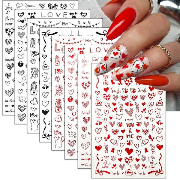 Red Valentine's Day Nail Art Stickers Red Black Glitter Heart Nail Decals Love Heart Lips Rose Letter Design Nail 3D Self-Adhesive Nail Art Supplies for Women Nail Art Decorations 8Sheets