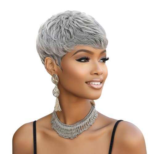 Short Grey Pixie Cut Wigs for Black Women Curly Style with Bangs and Natural Short Curly Wigs for Black Women Synthetic Wig Heat Resistant (Grey Pixie Cut)