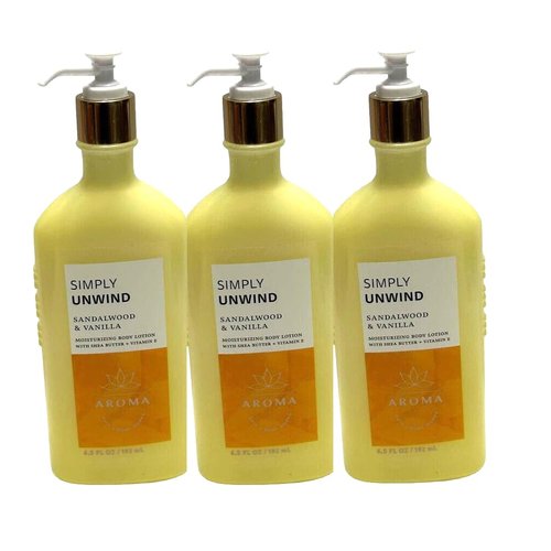 3 AROMA SIMPLY UNWIND SANDALWOOD VANILLA BATH BODY LOTION 6.5 oz