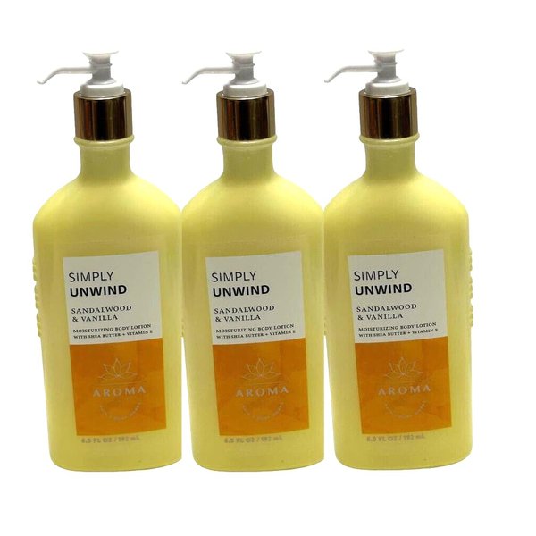3 AROMA SIMPLY UNWIND SANDALWOOD VANILLA BATH BODY LOTION 6.5 oz