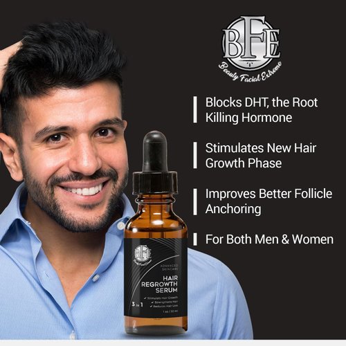 Hair Regrowth Serum- Maximum Strength DHT Blocker. Repairs & Stimulates New Follicle Hair Growth. Grow Stronger, Thicker, Fuller, Longer, Healthier Hair. For Men & Women with No Side Effects.