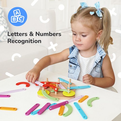 Bimi Boo Wooden Stacking Letters and Numbers Construction Activity Set for Toddlers, Peg Board Shape Sorter for Learning ABCs, Numbers, Emotions (28 Sticks, 1 Board, 1 Guide Booklet)