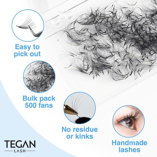 TEGAN LASH 500 Promade Fans Volume Eyelash Extensions, Handmade Loose False Eyelashes, From 3D - 16D, 0.03/0.05/0.07 Thickness, C/CC/D Curl, 9-15mm Length, Pestanas Pelo A Pelo (3D-0.07-C-11)