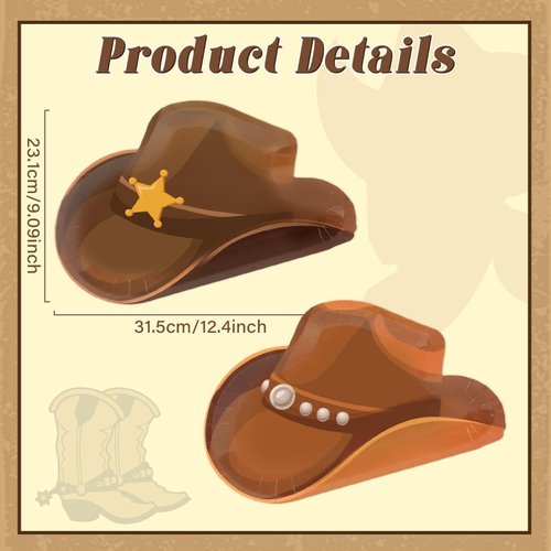 50Pcs Cowboy Paper Plates Western Cowboy Hat Plates Wild West Theme Birthday Decorations Cowgirl Party Hat Dessert Plates Cowboy Rodeo Disposable Tableware for Boy Baby Shower Party Supplies Favors