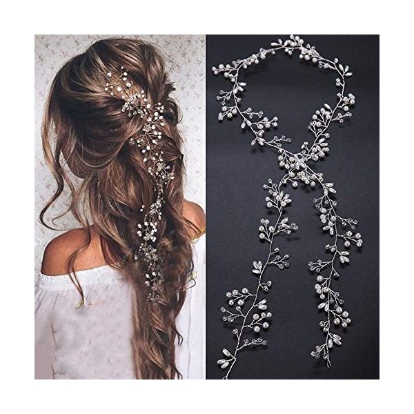 Denifery Bridal Rose Gold and Gold Silver Extra Long Pearl and Crystal Beads Bridal Hair Vine Wedding Head Piece Headband Hair Jewelry Hair Accessories (Silver)